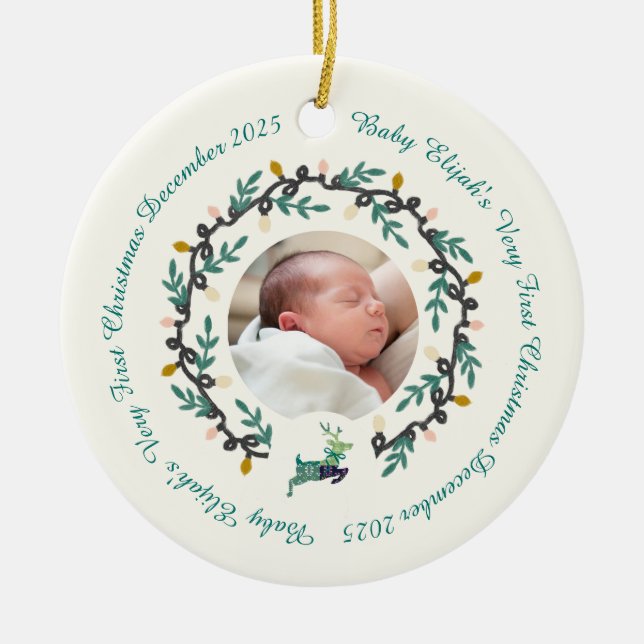1st Christmas Deer with Wreath Teal Cream2 Keramik Ornament (Vorne)