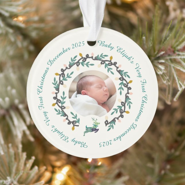 1st Christmas Deer with Wreath Teal Cream Acrylic Ornament (Baum)