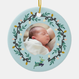 1st Christmas Deer with Wreath Teal Customize Keramik Ornament