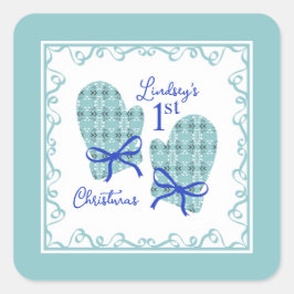 1st Christmas Mittens Blue Bow Holiday Quadratischer Aufkleber