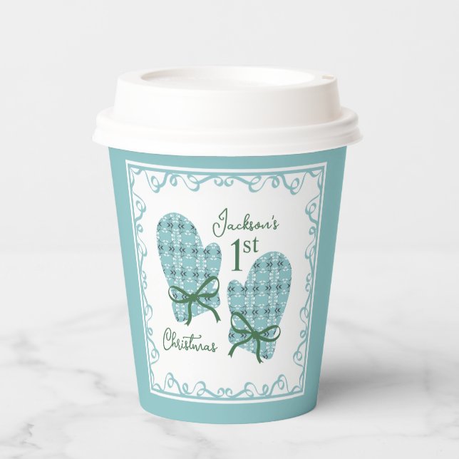 1st Christmas Mittens Green Bow Holiday Paper cup Pappbecher (Vorderseite)
