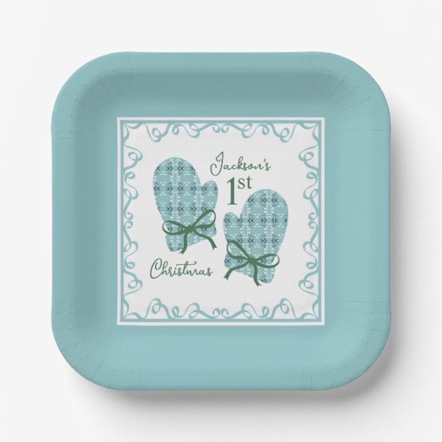 1st Christmas Mittens Green Bow Holiday Pappteller (Vorderseite)