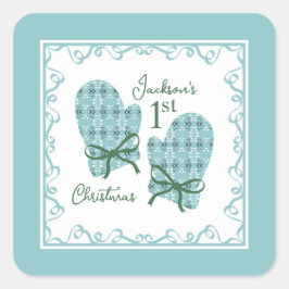 1st Christmas Mittens Green Bow Holiday Quadratischer Aufkleber