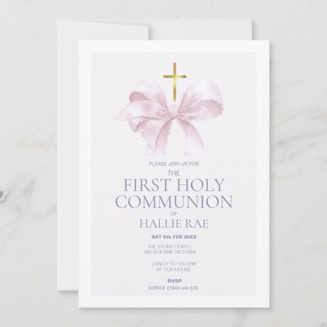1st Holy Communion Invitation, Modern Pink Bow Einladung (Vorderseite)