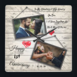 1st wedding anniversary wooden photo frame Clock Quadratische Wanduhr<br><div class="desc">1st wedding anniversary wooden photo frame Wall Clock.</div>