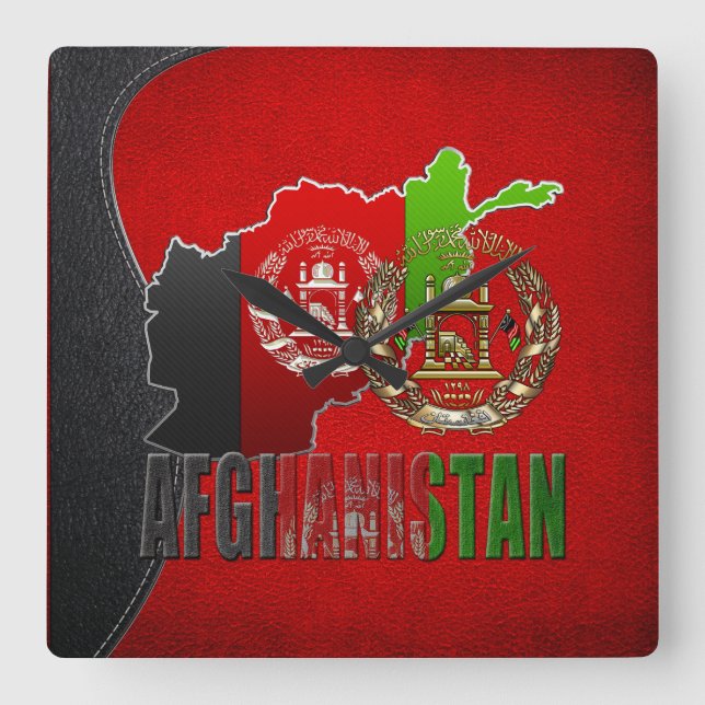 [200] Afghanistan: COA, Flag & Karte Quadratische Wanduhr (Vorderseite)
