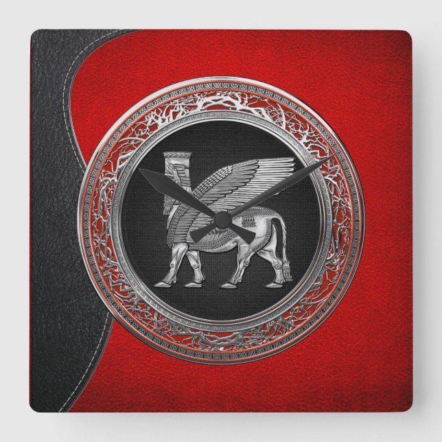 [200] Assyrian Winged Bull - Silver Lamassu Quadratische Wanduhr (Vorderseite)