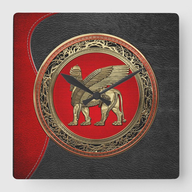 [200] Assyrian Winged Lion - Gold Lamassu Quadratische Wanduhr (Vorderseite)