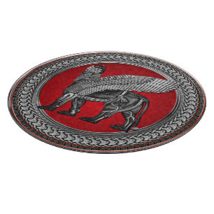 [200] Assyrian Winged Lion: Silver & Black Lamassu Schneidebrett
