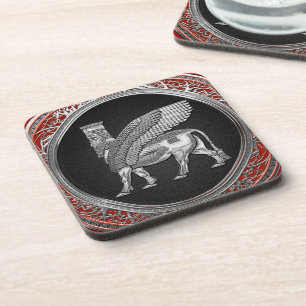 [200] Assyrian Winged Stier - silbernes Lamassu Getränkeuntersetzer