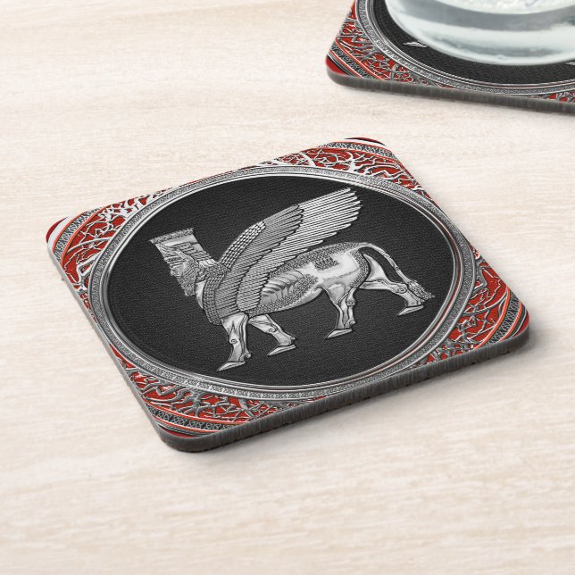 [200] Assyrian Winged Stier - silbernes Lamassu Getränkeuntersetzer (Linke Seite)