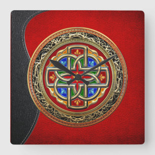 [200] Celtic Cross [Gold+Enamel] Quadratische Wanduhr
