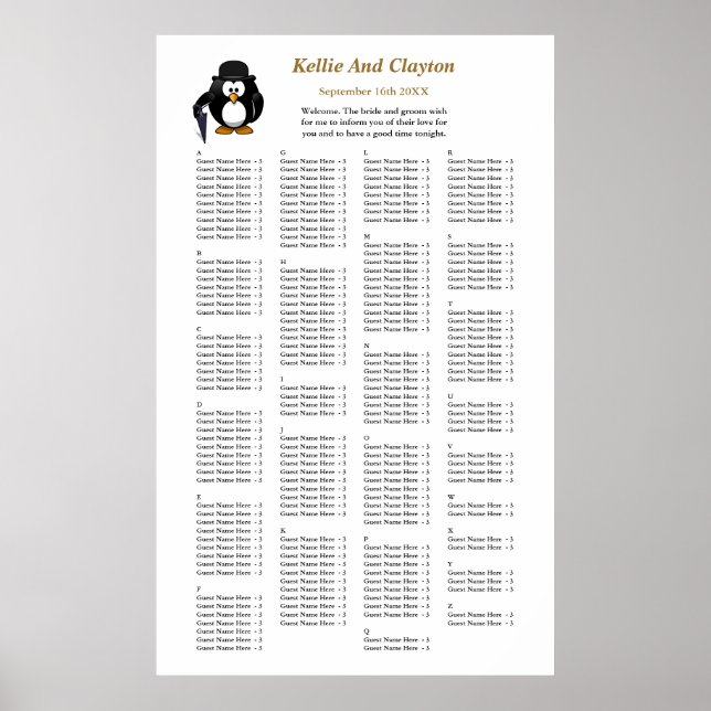 200 Funny Pinguin Greeter Wedding Seating Chart Poster (Vorne)
