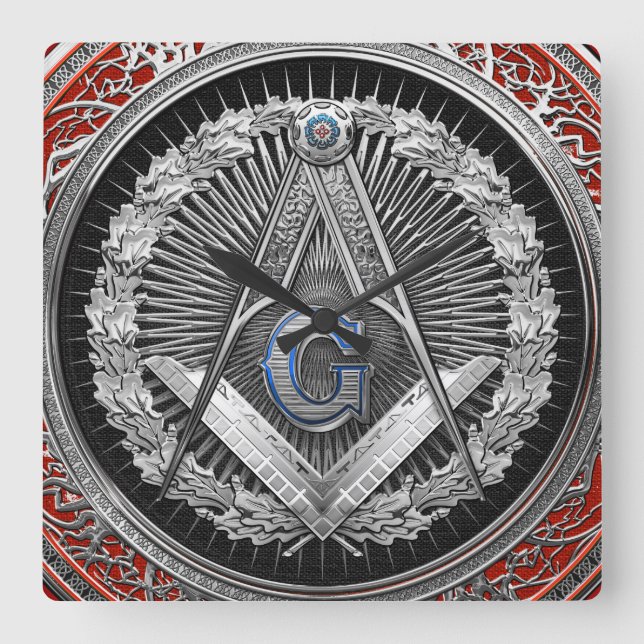 [200] Master Mason - Silver Square & Compasses Quadratische Wanduhr (Vorderseite)