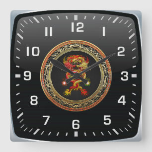 [200] Rote und Gelbe Drachen Quadratische Wanduhr