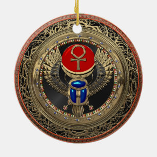 [200] Sacred Gold Egyptian Winged Scarab mit Ankh Keramik Ornament