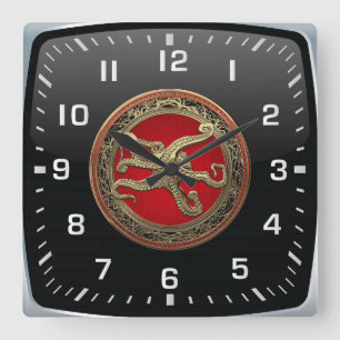 [200] Sacred Gold Octopus in Defensive Posture Quadratische Wanduhr