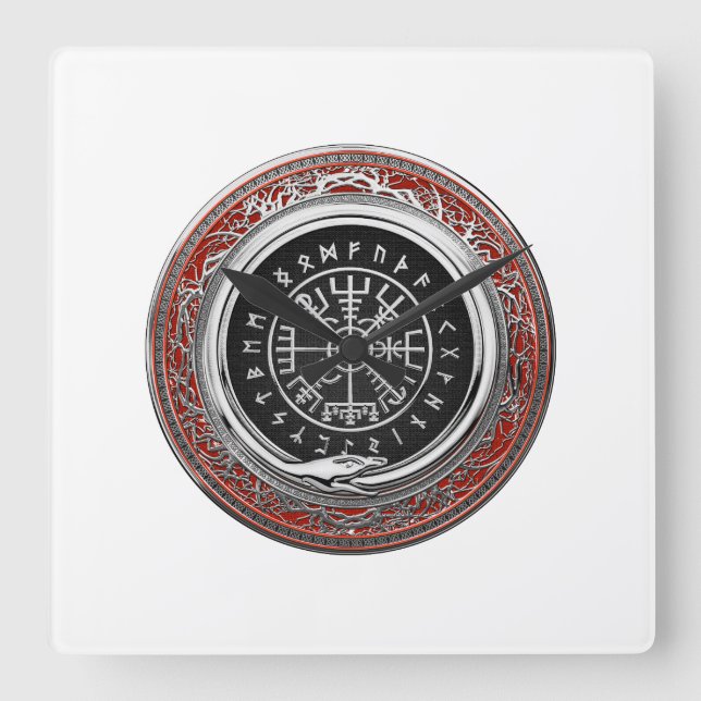 [200] Vegvisir - Vikings silberner magischer Runic Quadratische Wanduhr (Vorderseite)