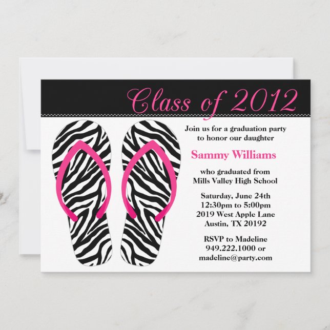 2012 Graduation Party Pink Black Zebra Flip Flops Einladung (Vorderseite)