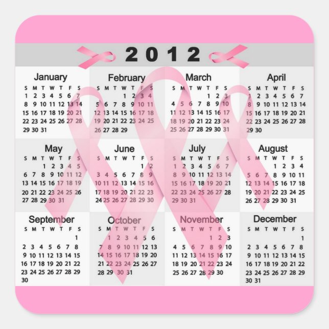2012 KALENDER PINK RIBBONS BREAST CANCER AWARENESS QUADRATISCHER AUFKLEBER (Vorderseite)