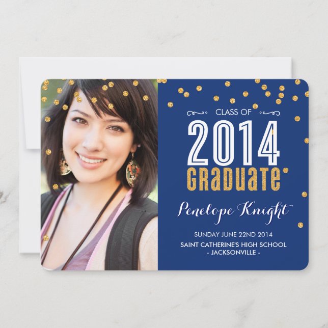 2014 GRADUATE Gold Glitzer Konfetti Königsblau Einladung (Vorderseite)