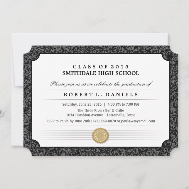 2015 Schwarz-Grau-Border-Diploma-Abschluss laden Einladung (Vorderseite)