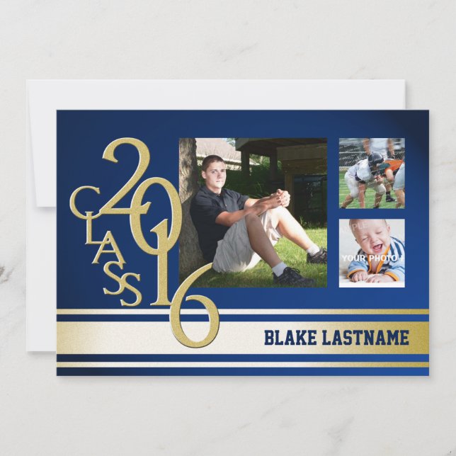 2016 Gold Varsity Stripe Graduate Tri Foto Blue Einladung (Vorderseite)