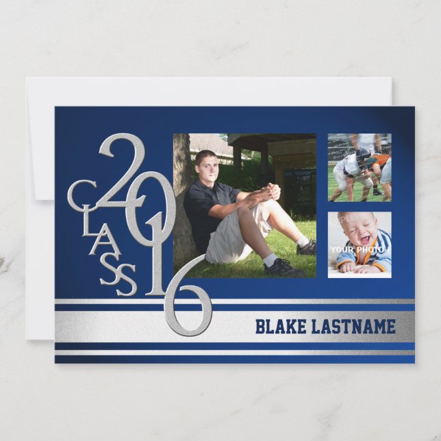 2016 Silver Varsity Stripe Graduate Tri Foto Blue Einladung (Vorderseite)