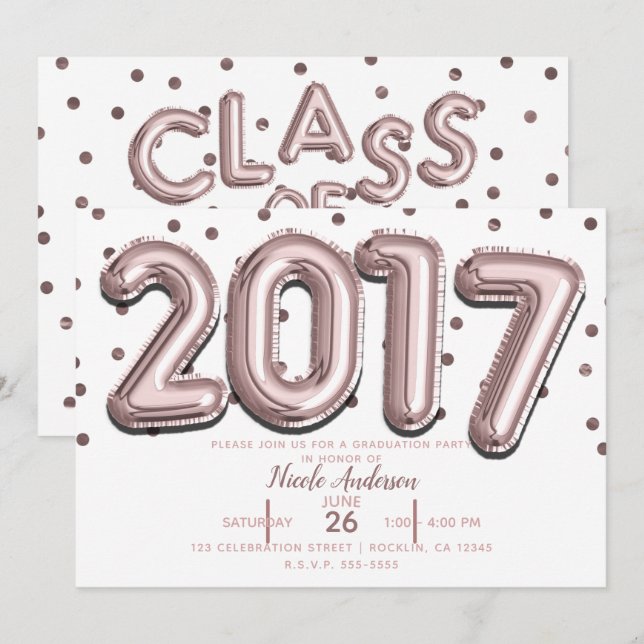2017 GRADUATION PARTY Rose Gold Confetti Balloons Einladung (Vorne/Hinten)