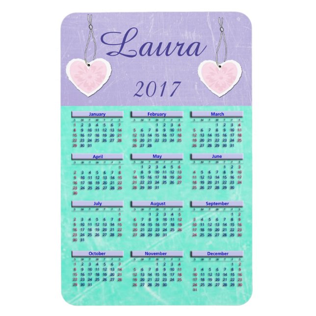 2017 Lila und Aquamariner Minikalender Name Magnet (Vertikal)