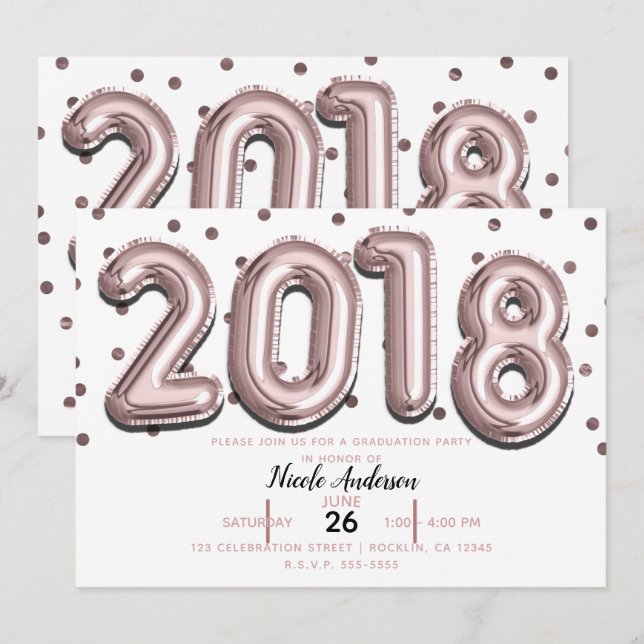 2018 GRADUATION PARTY Rose Gold Confetti Balloons Einladung (Vorne/Hinten)
