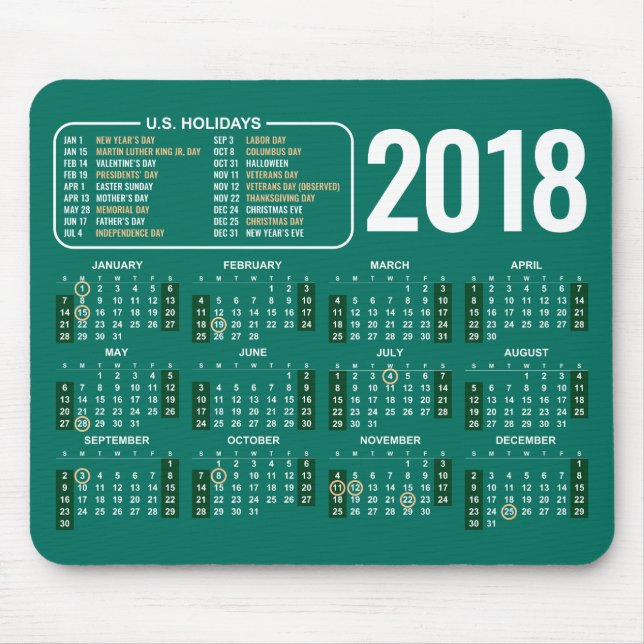 2018 Kalender Mousepad mit US-Feiertagen im Grün (Vorne)