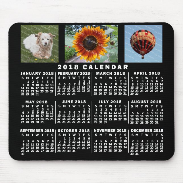2018 Monatskalender Schwarz Custom 3 Fotos Mousepad (Vorne)