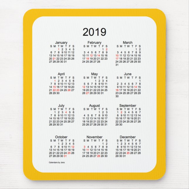 2019 Gold Holiday Calendar von Janz Mouse Pad Mousepad (Vorne)