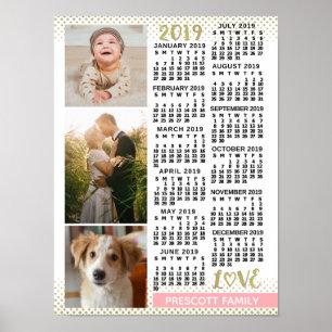 2019 Kalender Blush Pink Gold Familienfoto-Collage Poster