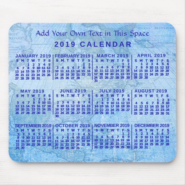 2019 Monatlicher Kalender Custom Blue Antique Kart Mousepad (Vorne)
