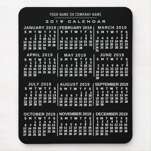 2019 Monatlicher Kalender Schwarz-weißer Individue Mousepad (Vorne)