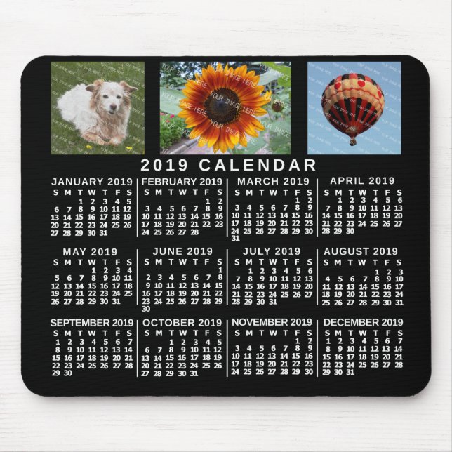 2019 Monatskalender Schwarz Custom 3 Fotos Mousepad (Vorne)