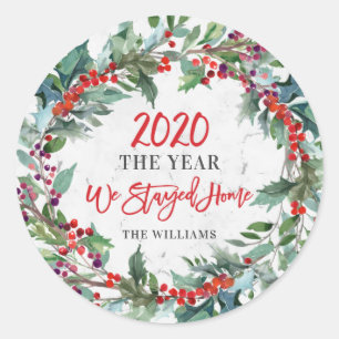 2020 Jahr Wir Bleibe Zuhause Holly Wreath Weihnach Runder Aufkleber