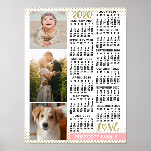 2020 Kalender Rosa Gold Familienfoto Collage Poster (Vorne)