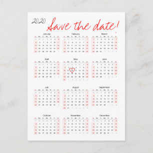 2020 Kalender-Save the Date Herz Ankündigungspostkarte