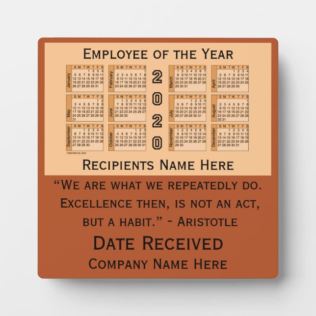2020 Mitarbeiter des Desk Calendar des Jahres, von Fotoplatte (Vorderseite)