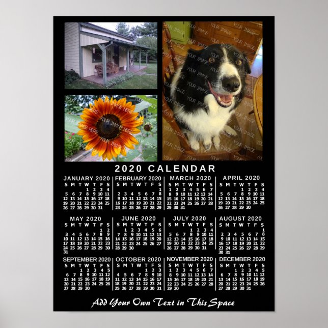 2020 Monatskalender Schwarz Custom 3 Fotos Poster (Vorne)
