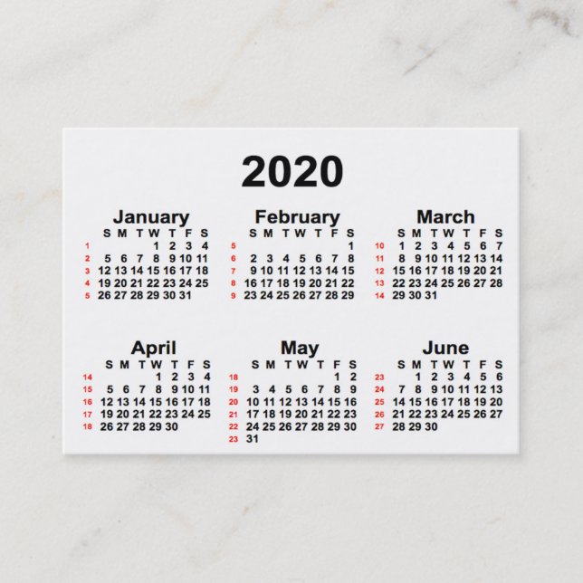 2020 White 52 Week Calendar by Janz Business Cards Visitenkarte (Vorderseite)