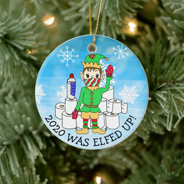 2020 wurde Elf in Facemask erledigt Keramik Ornament (Baum)