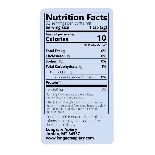 2021 Bee Pollen Nutrition Facts Blue Product (Vorne)