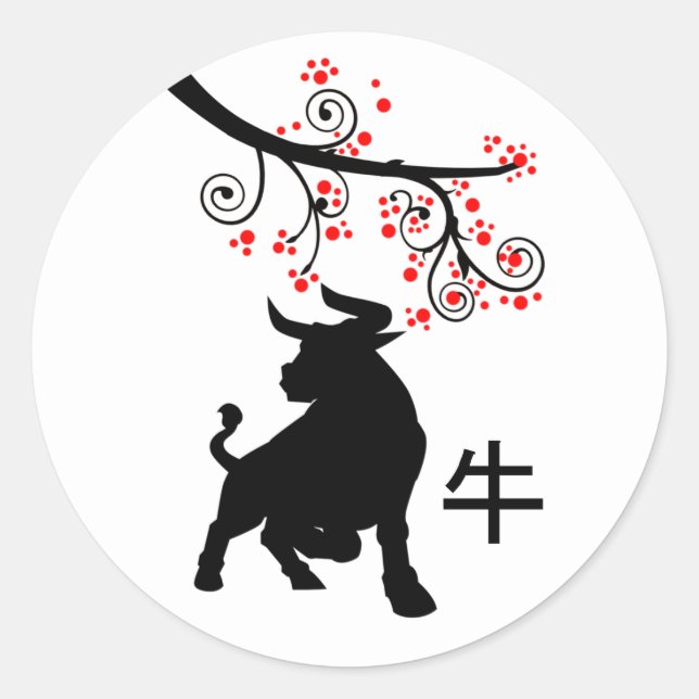 2021 chinesische Neujahrsblüten aus Ox und Rot Runder Aufkleber (Vorderseite)