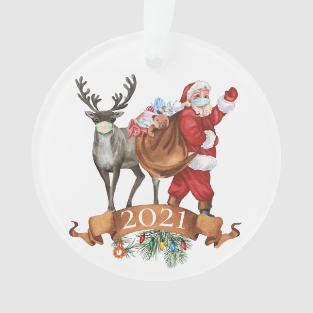 2021 Covid Santa Reindeer Weihnachten im Wasser Ornament (Vorderseite)