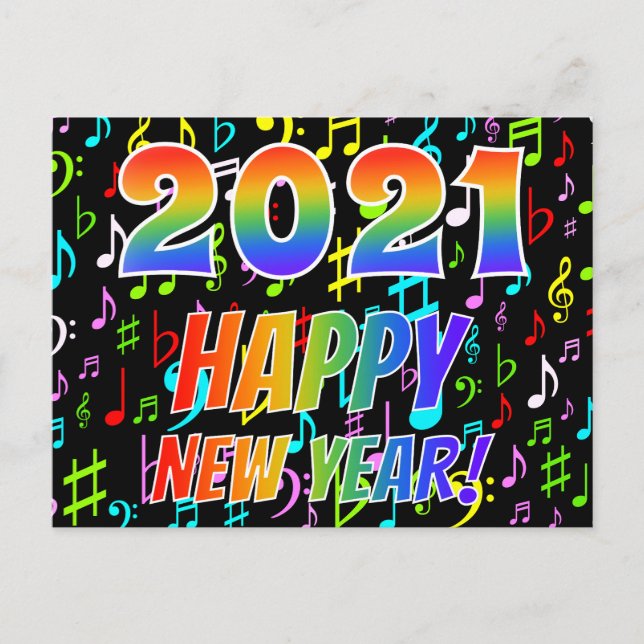 2021 GLÜCKLICH NEUES JAHR!, farbenfrohe Musiknoten Postkarte (Vorderseite)