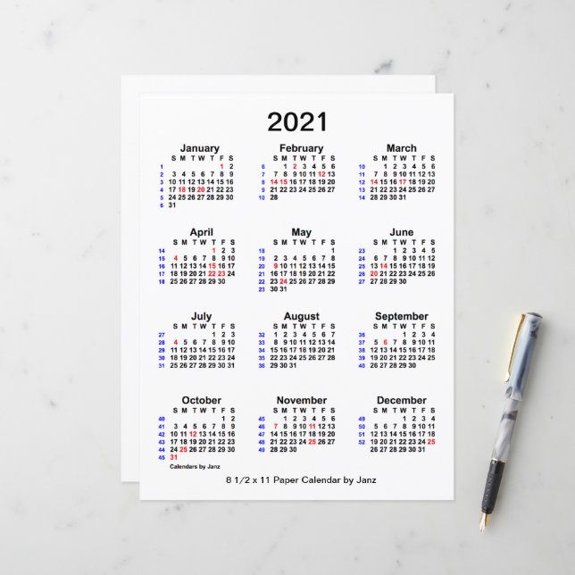 2021 Holiday 52 Week Calendar by Janz 8.5x11 Paper (Vorderseite/Rückseite Beispiel)